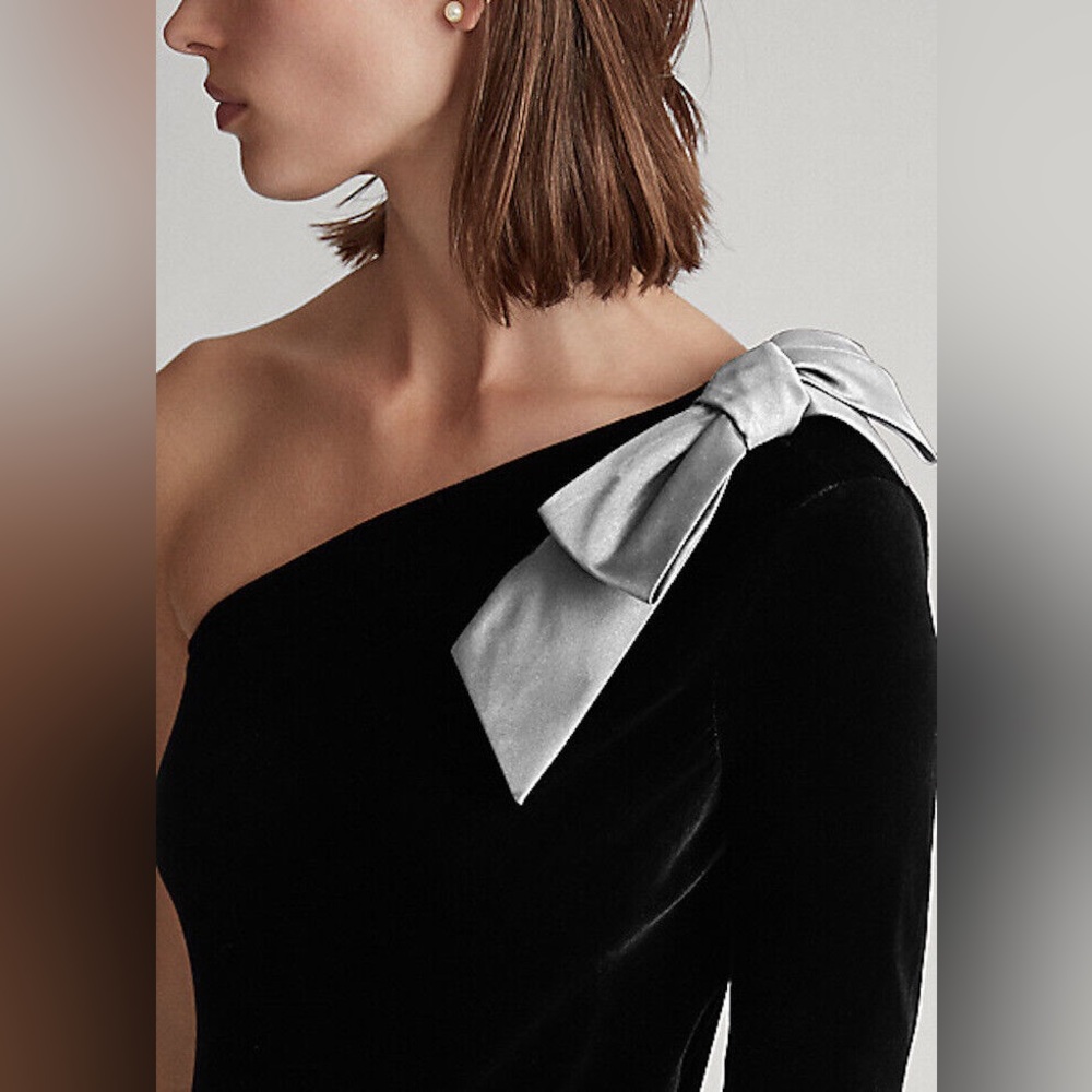Polo Ralph Lauren Bow Brooch One Shoulder Black Velvet Dress - Picture 3 of 11